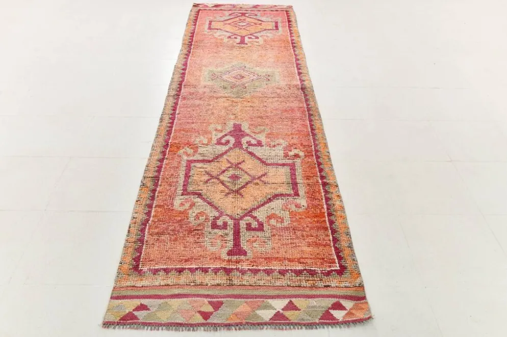 Tapis de couloir turc corail, tapis anatolien à médaillons, 96x338 cm
