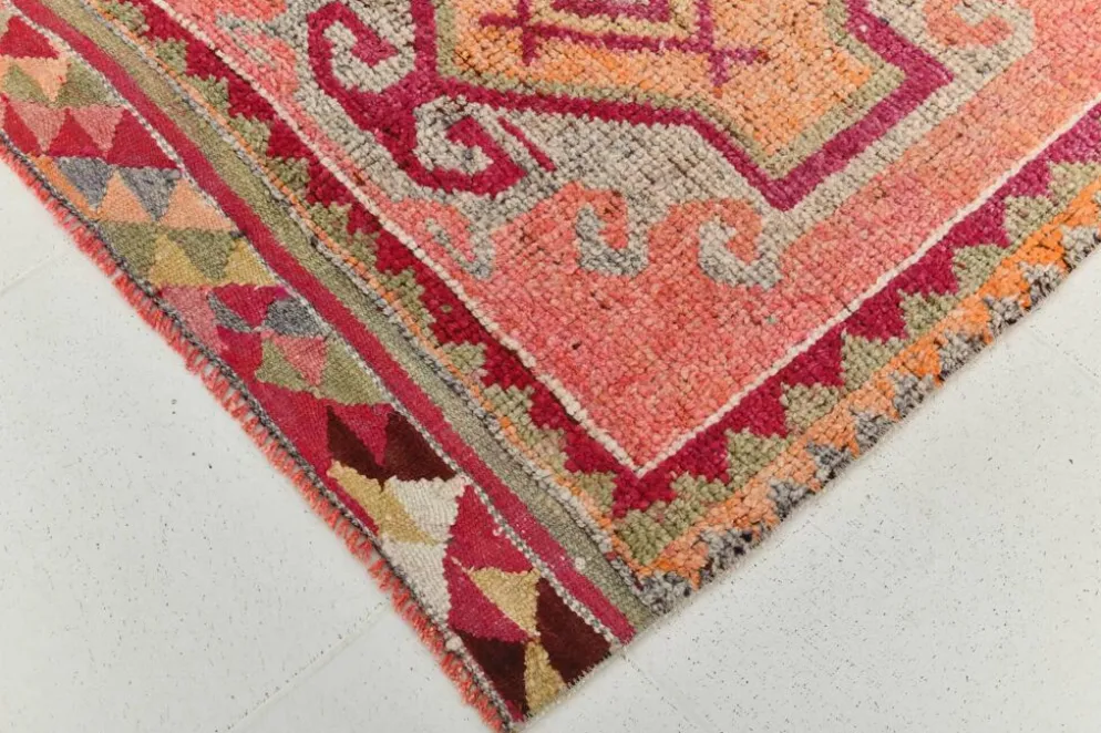 Tapis de couloir turc corail, tapis anatolien à médaillons, 96x338 cm