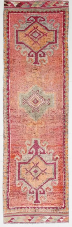 Tapis de couloir turc corail, tapis anatolien à médaillons, 96x338 cm