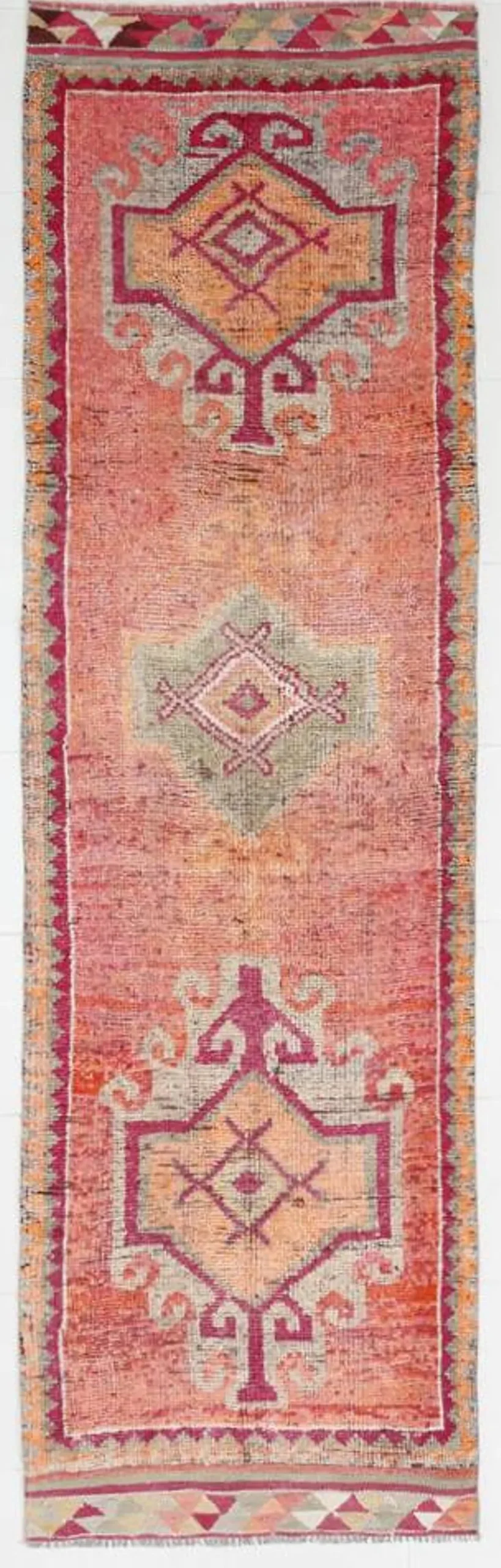 Tapis de couloir turc corail, tapis anatolien à médaillons, 96x338 cm