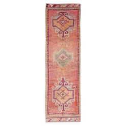 Tapis de couloir turc corail, tapis anatolien à médaillons, 96x338 cm