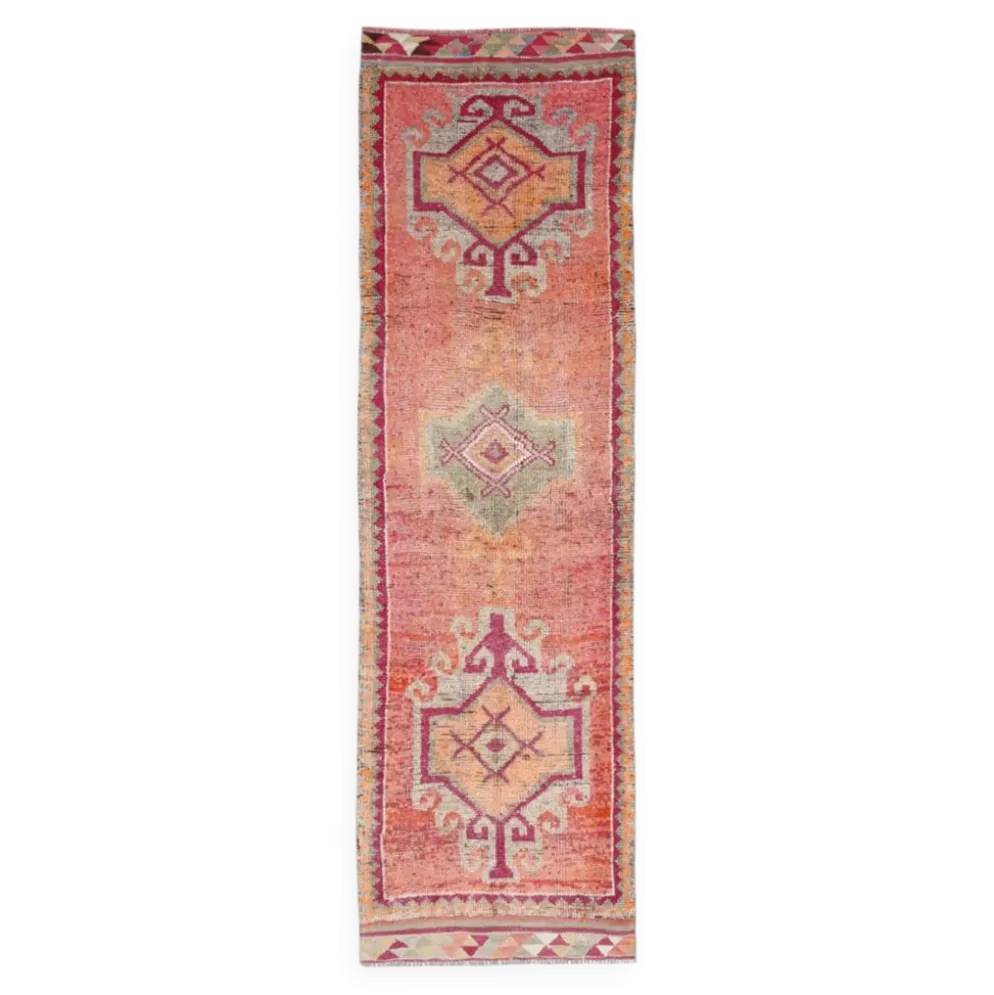 Tapis de couloir turc corail, tapis anatolien à médaillons, 96x338 cm