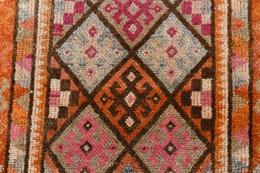 Tapis de couloir turc vintage long rose et orange, 87 x 395 cm