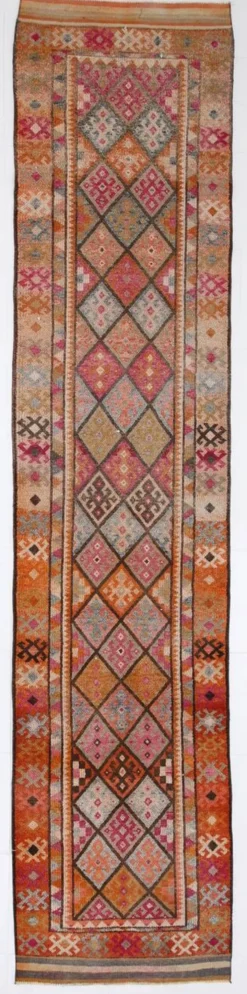 Tapis de couloir turc vintage long rose et orange, 87 x 395 cm