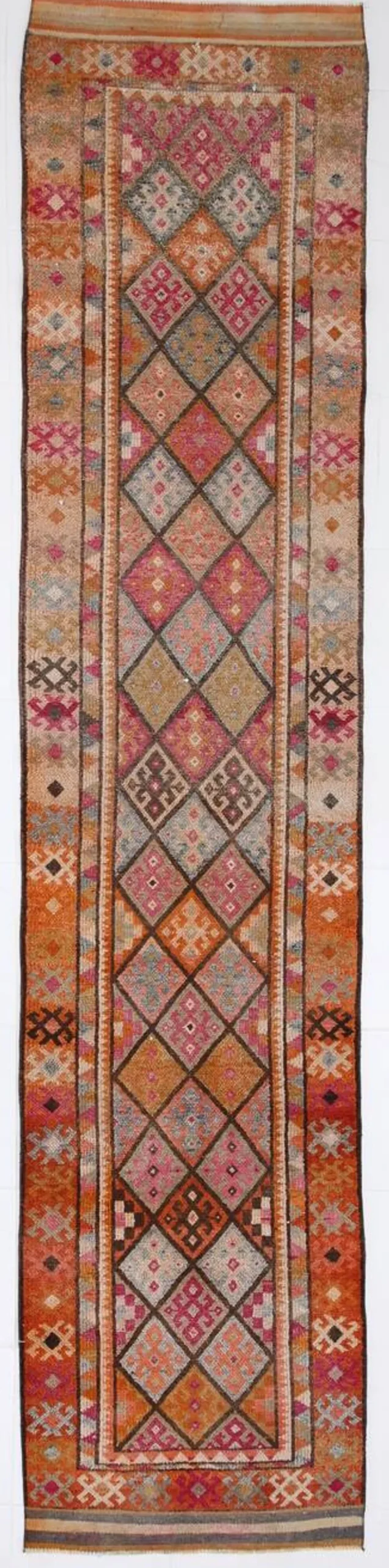 Tapis de couloir turc vintage long rose et orange, 87 x 395 cm