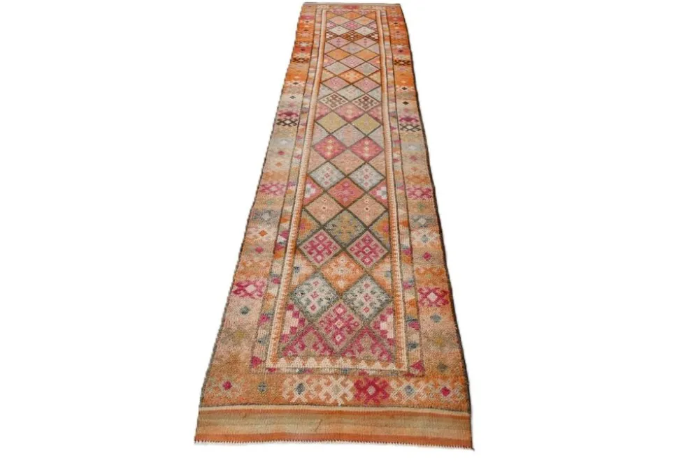 Tapis de couloir turc vintage long rose et orange, 87 x 395 cm