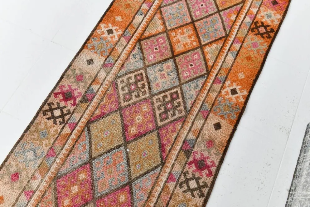 Tapis de couloir turc vintage long rose et orange, 87 x 395 cm