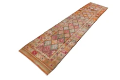 Tapis de couloir turc vintage long rose et orange, 87 x 395 cm