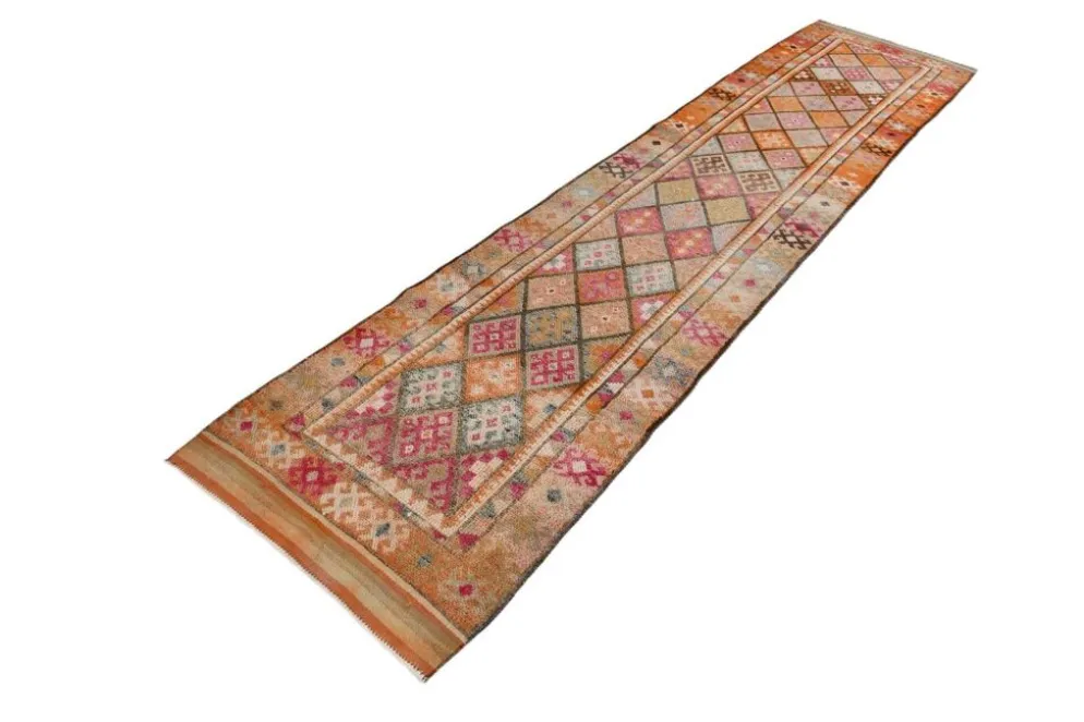 Tapis de couloir turc vintage long rose et orange, 87 x 395 cm
