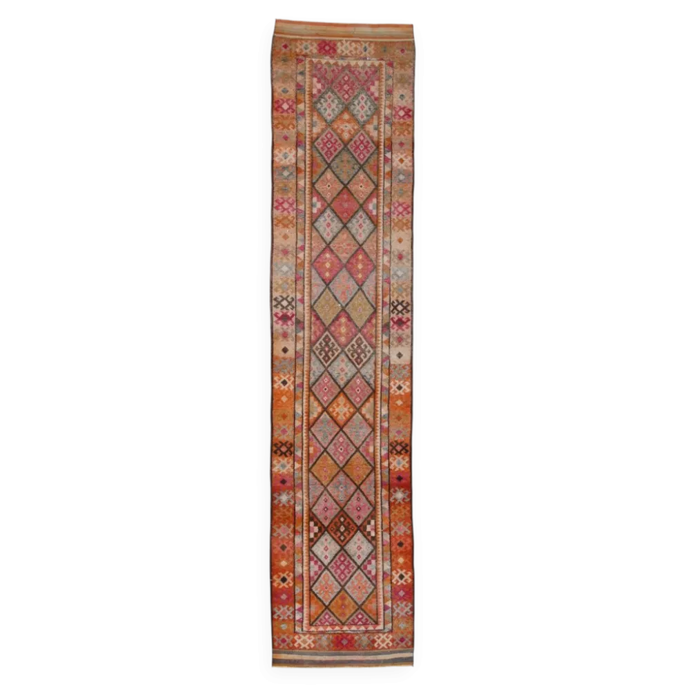 Tapis de couloir turc vintage long rose et orange, 87 x 395 cm