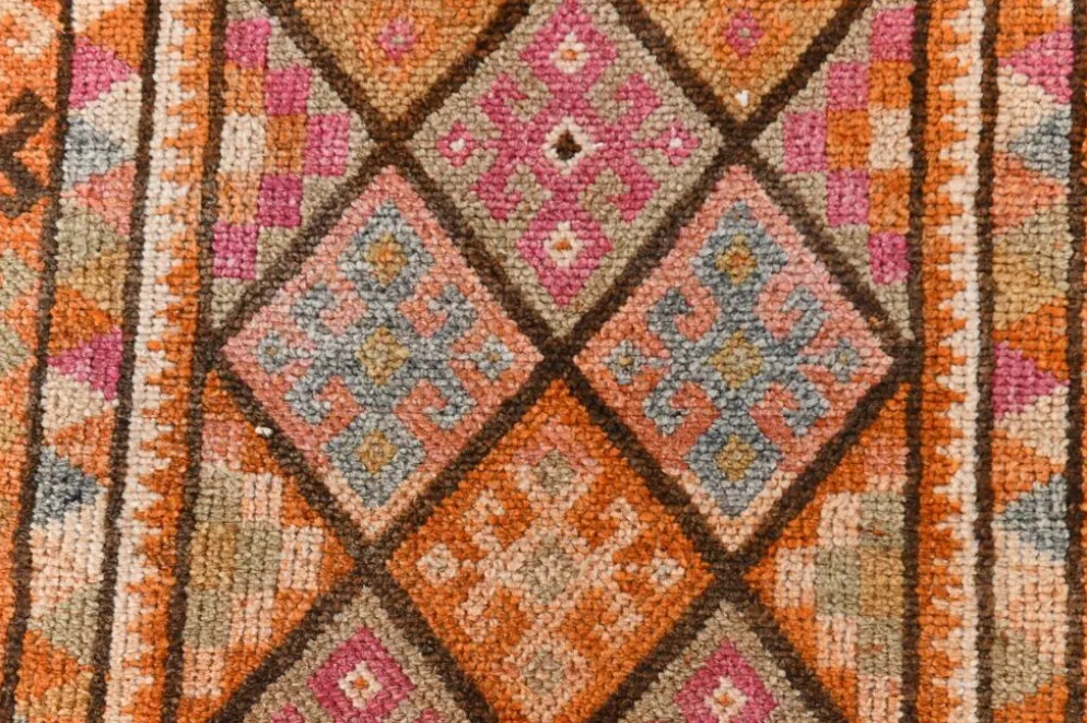 Tapis de couloir turc vintage long rose et orange, 87 x 395 cm