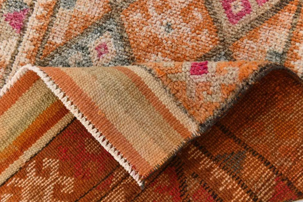 Tapis de couloir turc vintage long rose et orange, 87 x 395 cm