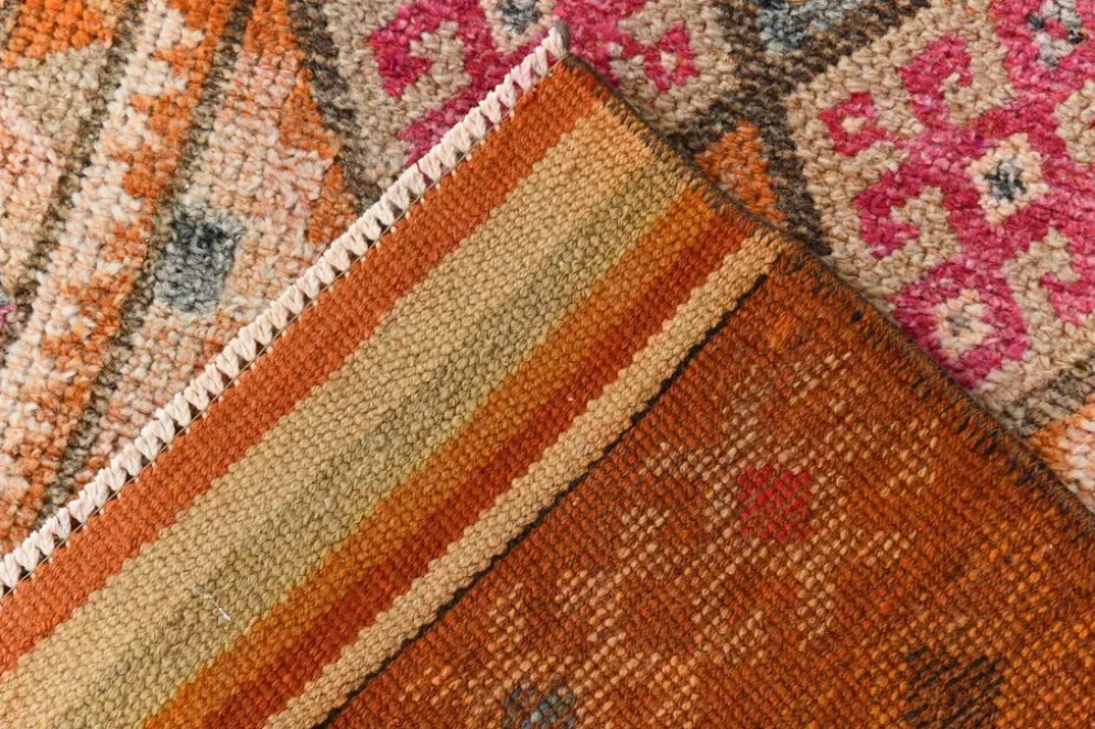 Tapis de couloir turc vintage long rose et orange, 87 x 395 cm