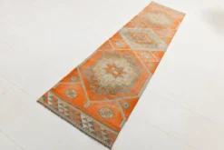 Tapis de couloir turc vintage orange citrouille et gris, 86 x 356 cm