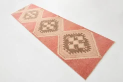 Tapis de couloir vintage en laine turque, 3 x 11, rose délavé et marron, 91 x 328 cm