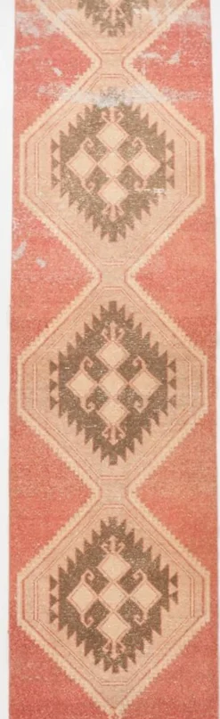 Tapis de couloir vintage en laine turque, 3 x 11, rose délavé et marron, 91 x 328 cm