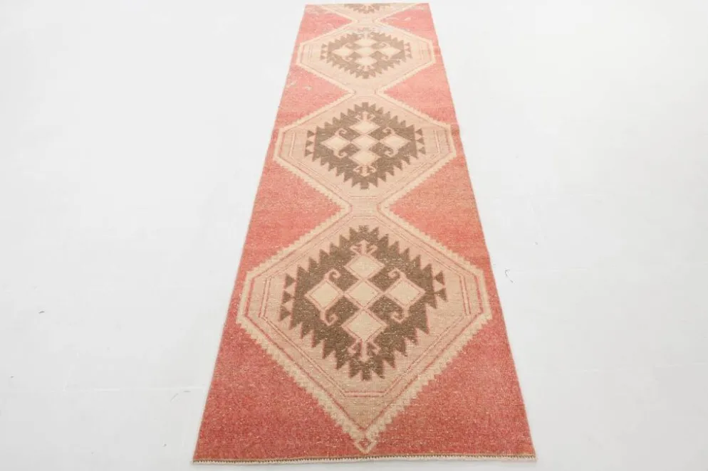 Tapis de couloir vintage en laine turque, 3 x 11, rose délavé et marron, 91 x 328 cm