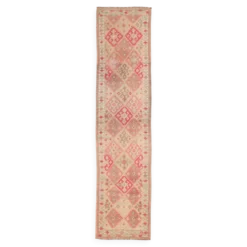 Tapis de couloir vintage Kilim, Tons Rose et Beige, Motifs Anatoliens Géométriques