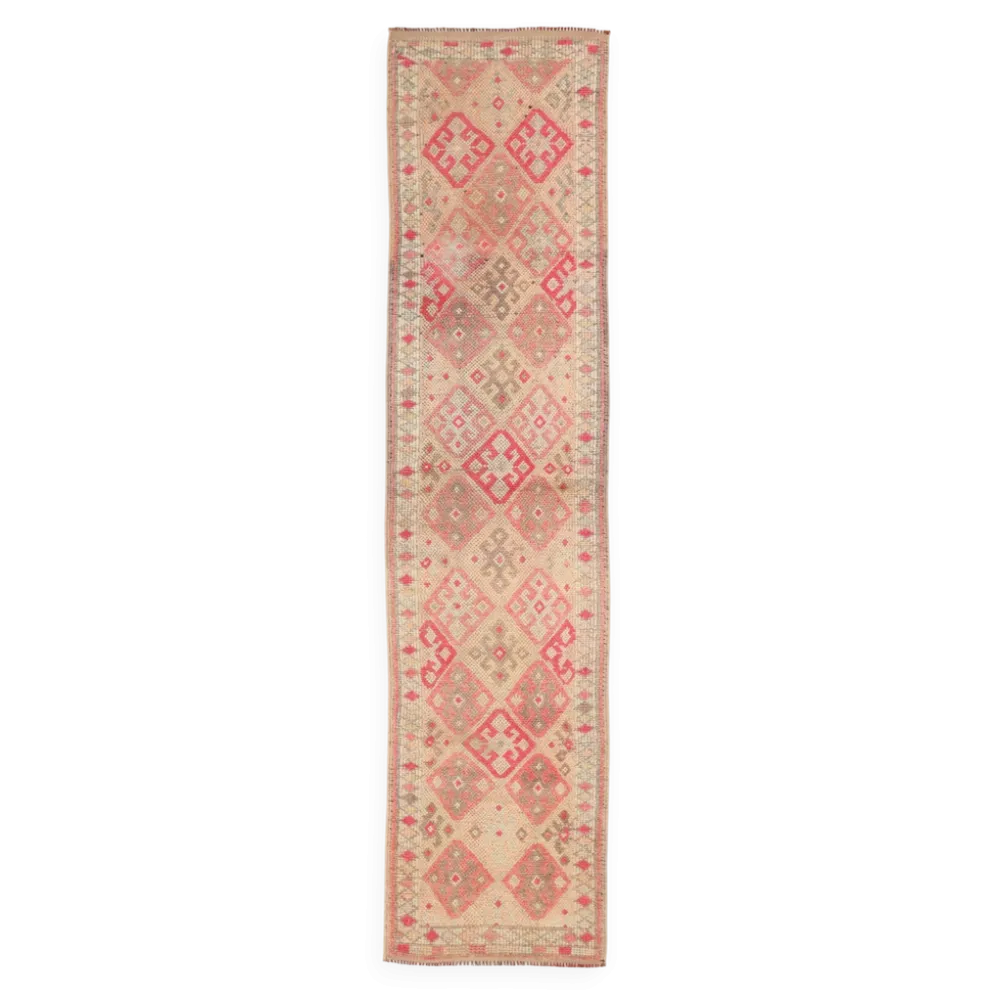 Tapis de couloir vintage Kilim, Tons Rose et Beige, Motifs Anatoliens Géométriques
