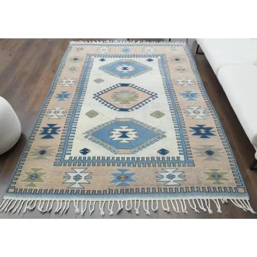 Tapis de zone vintage turc Oushak fait main en laine et coton beige 185x259 des années 1970