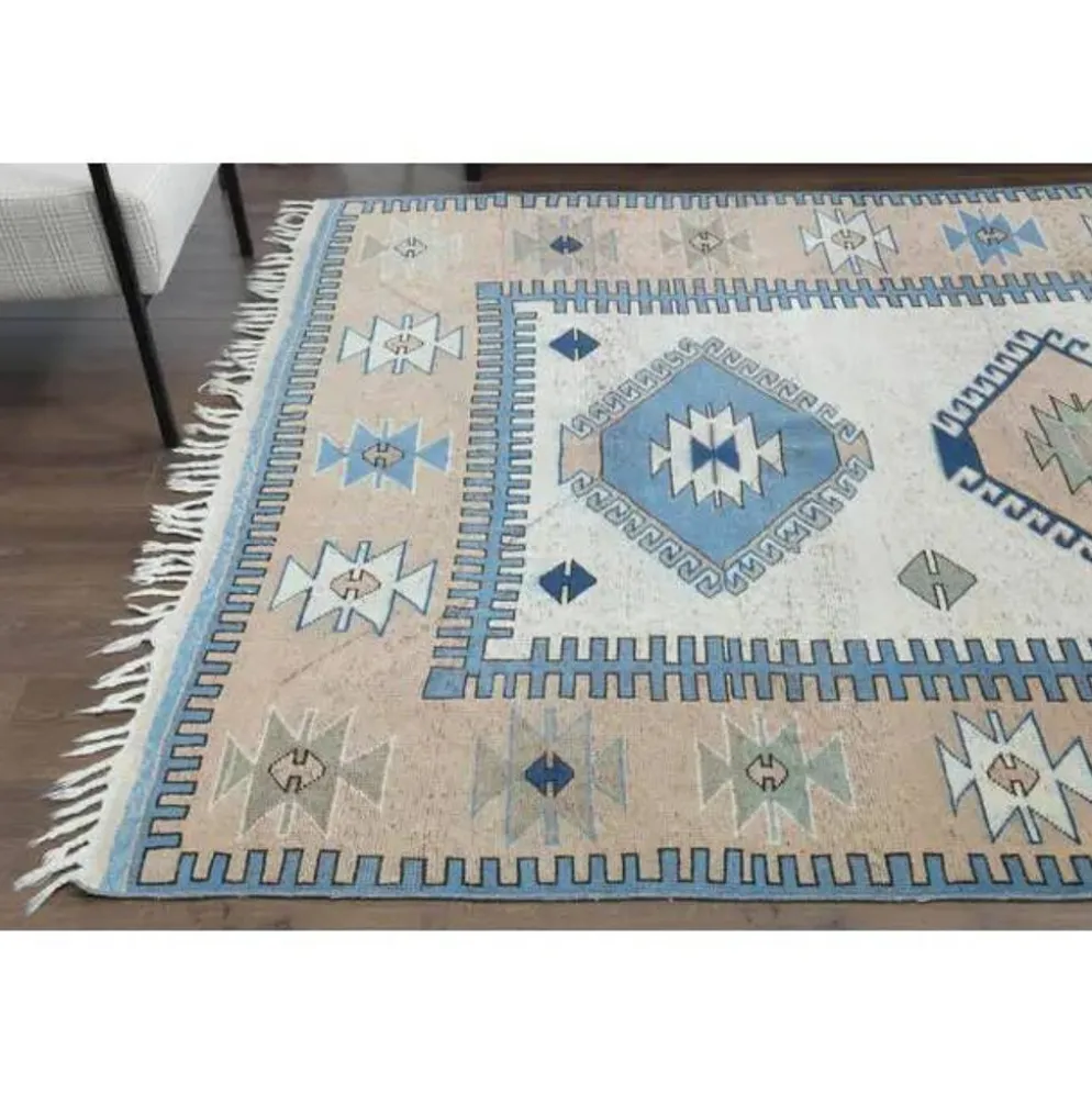 Tapis de zone vintage turc Oushak fait main en laine et coton beige 185x259 des années 1970