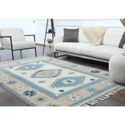 Tapis de zone vintage turc Oushak fait main en laine et coton beige 185x259 des années 1970