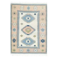 Tapis de zone vintage turc Oushak fait main en laine et coton beige 185x259 des années 1970