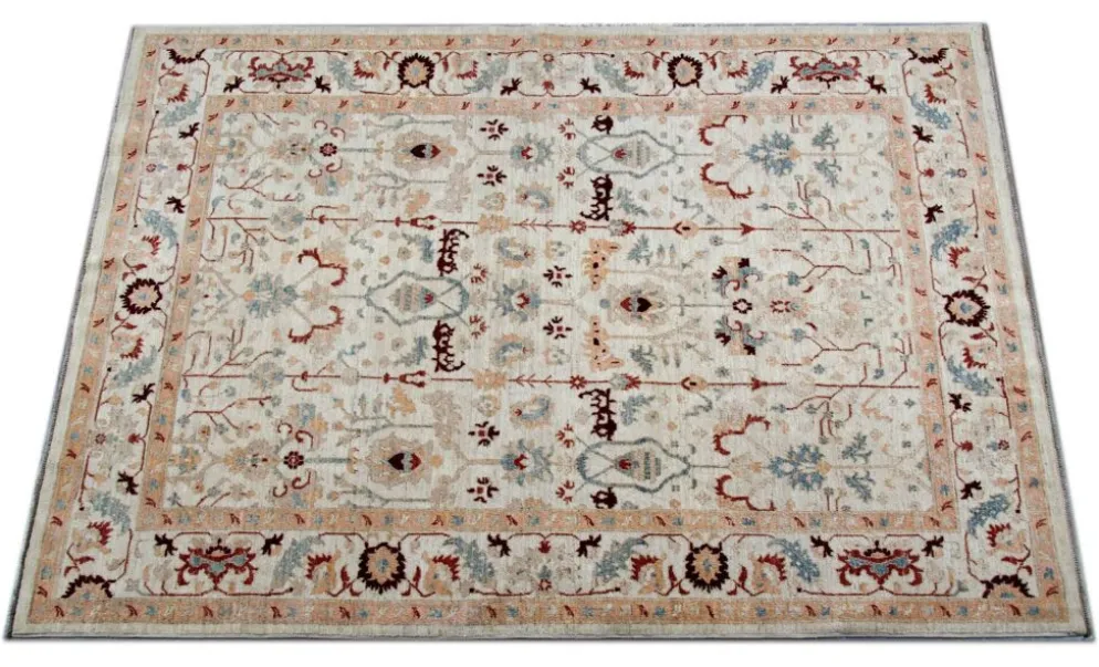 Tapis en laine crème à motifs floraux fait main, style oriental moderne pour salon