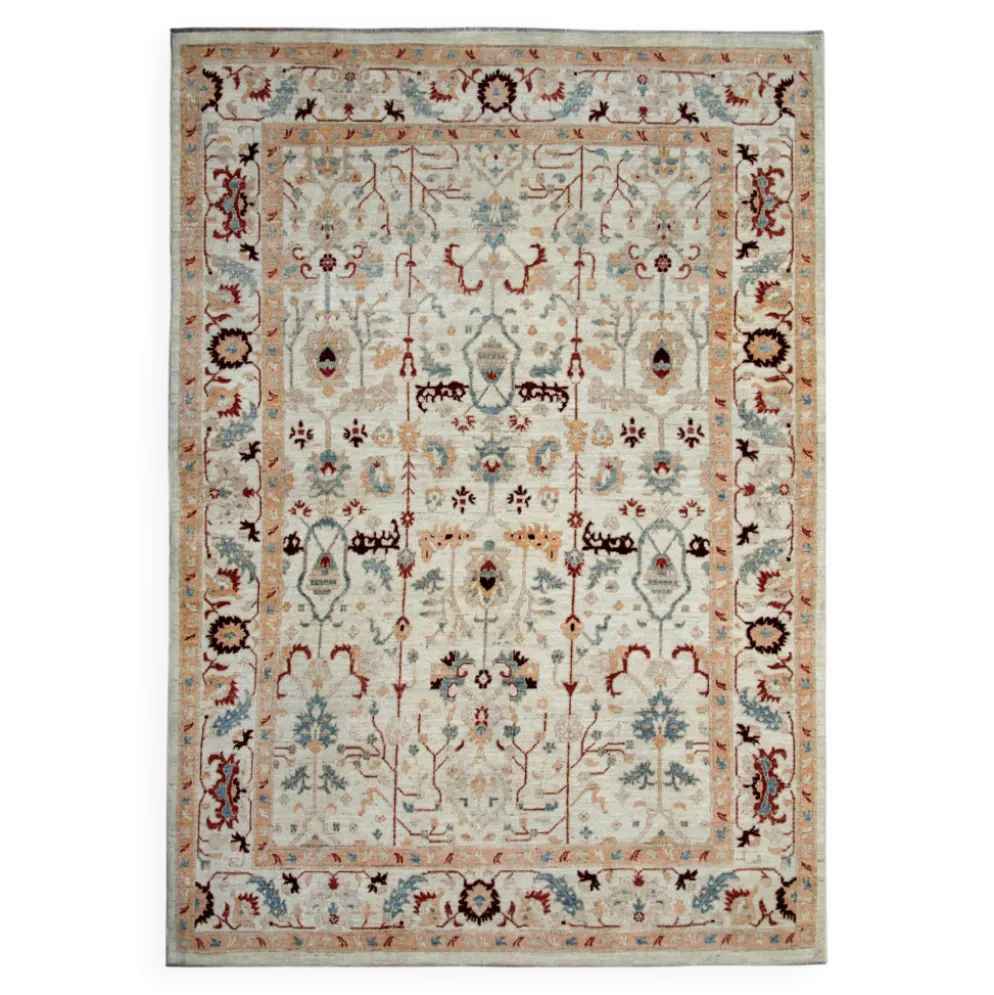 Tapis en laine crème à motifs floraux fait main, style oriental moderne pour salon
