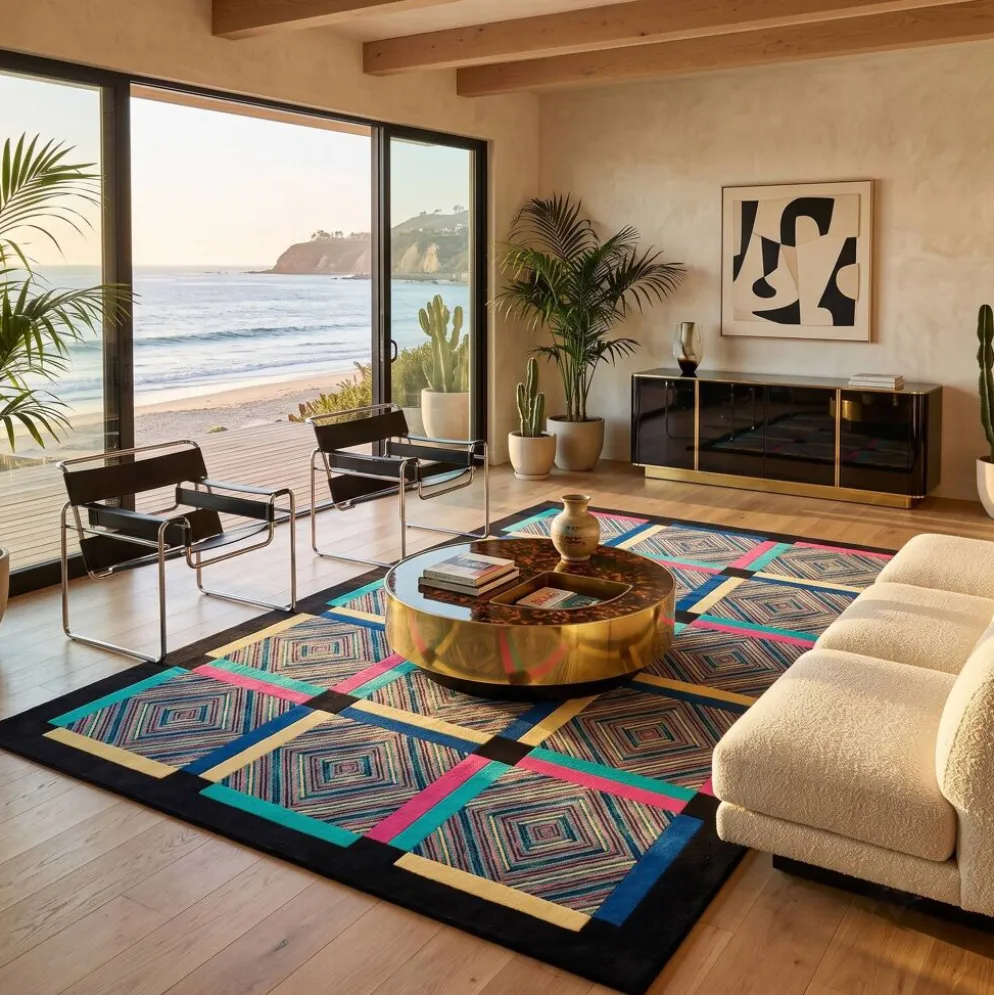 Tapis en laine géométrique "Square" d'Ottavio Missoni des années 1990, exceptionnel post-moderne italien.