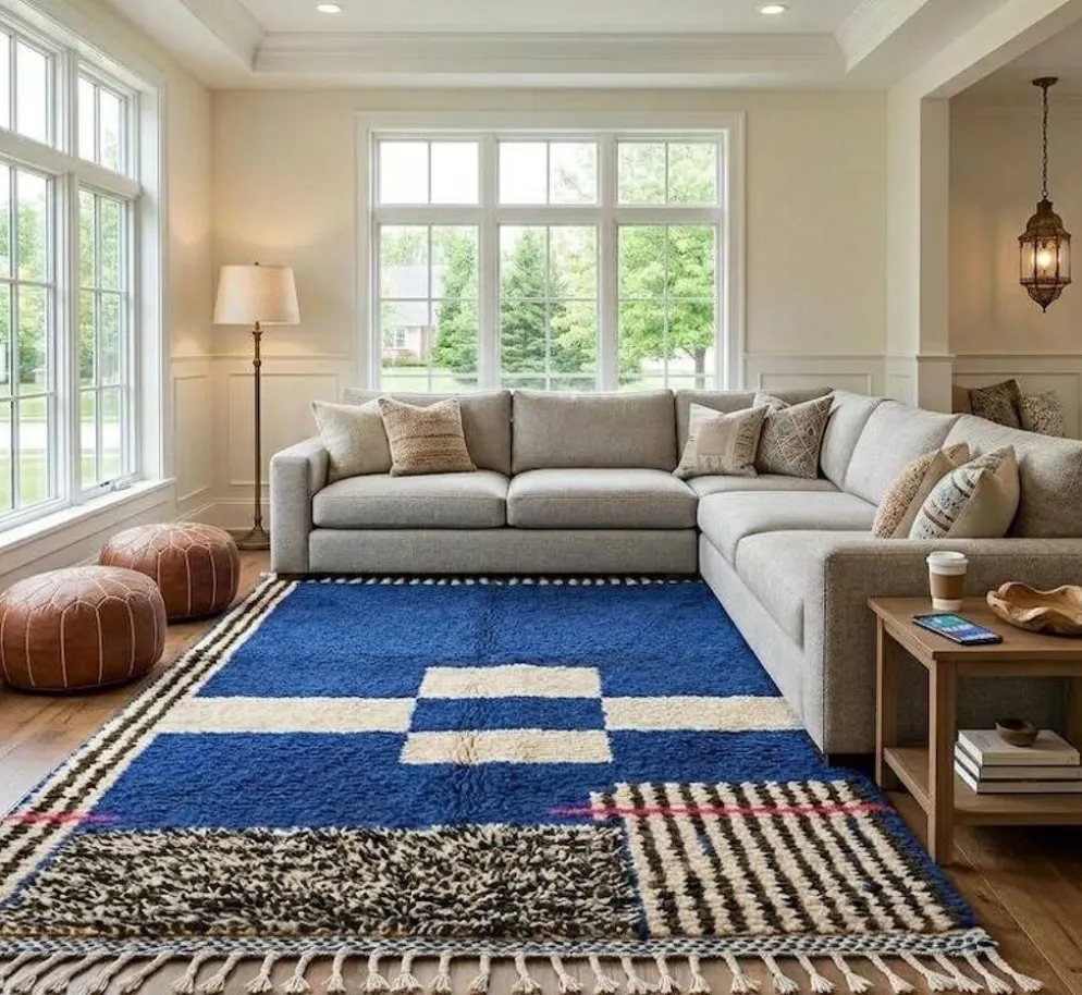 Tapis en laine naturel beni ourain a motifs colorés 150/250 cm