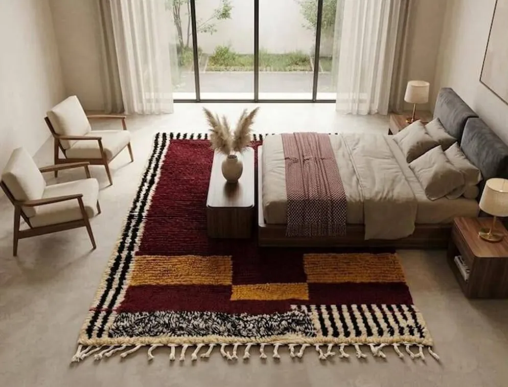 Tapis en laine naturelle tissé main artisanale bordeaux 150/250 cm