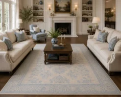 Tapis en laine noué à la main bleu clair, grand modèle floral crème, tapis Zeigler pour intérieur.