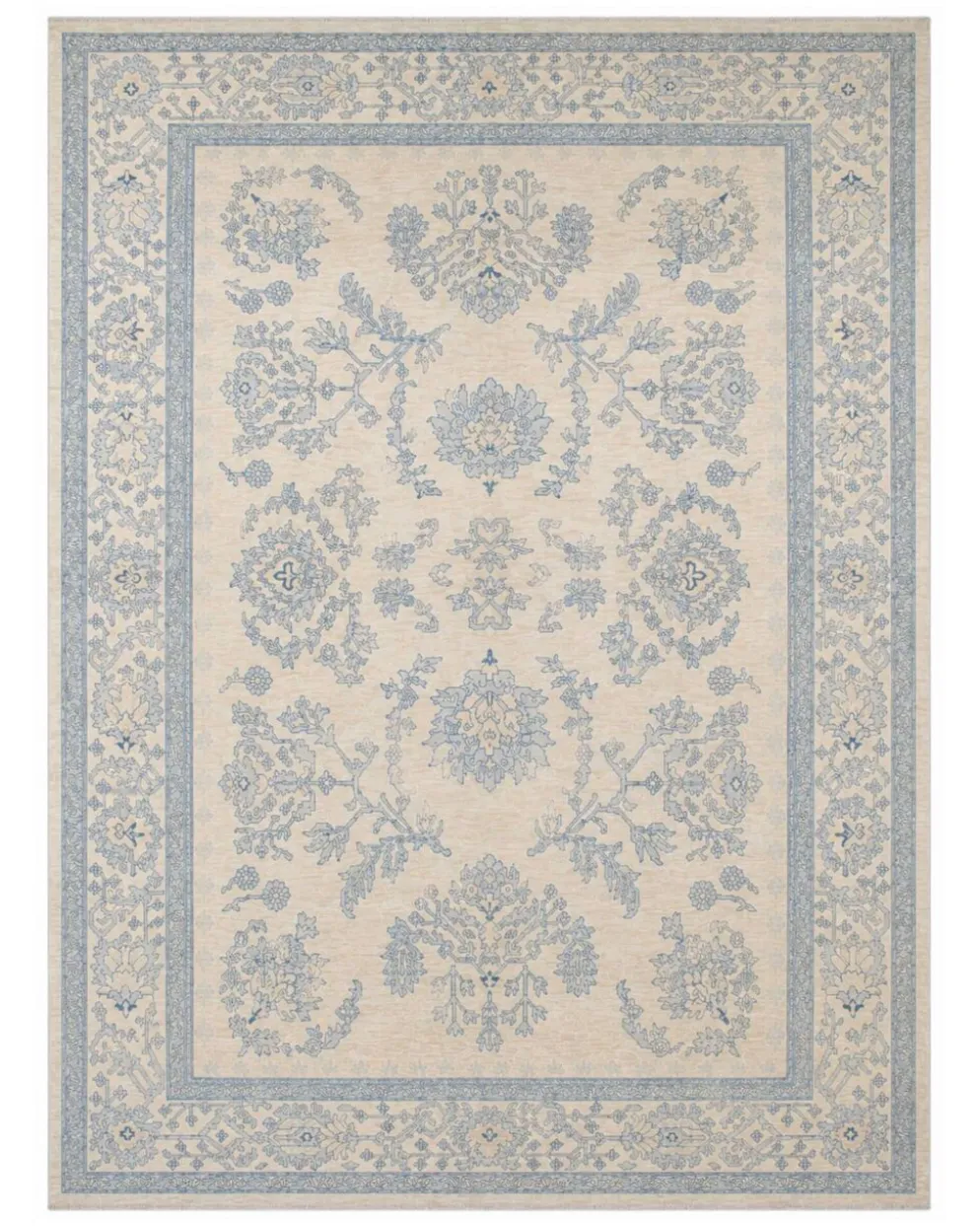 Tapis en laine noué à la main bleu clair, grand modèle floral crème, tapis Zeigler pour intérieur.