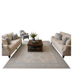 Tapis en laine noué à la main bleu clair, grand modèle floral crème, tapis Zeigler pour intérieur.