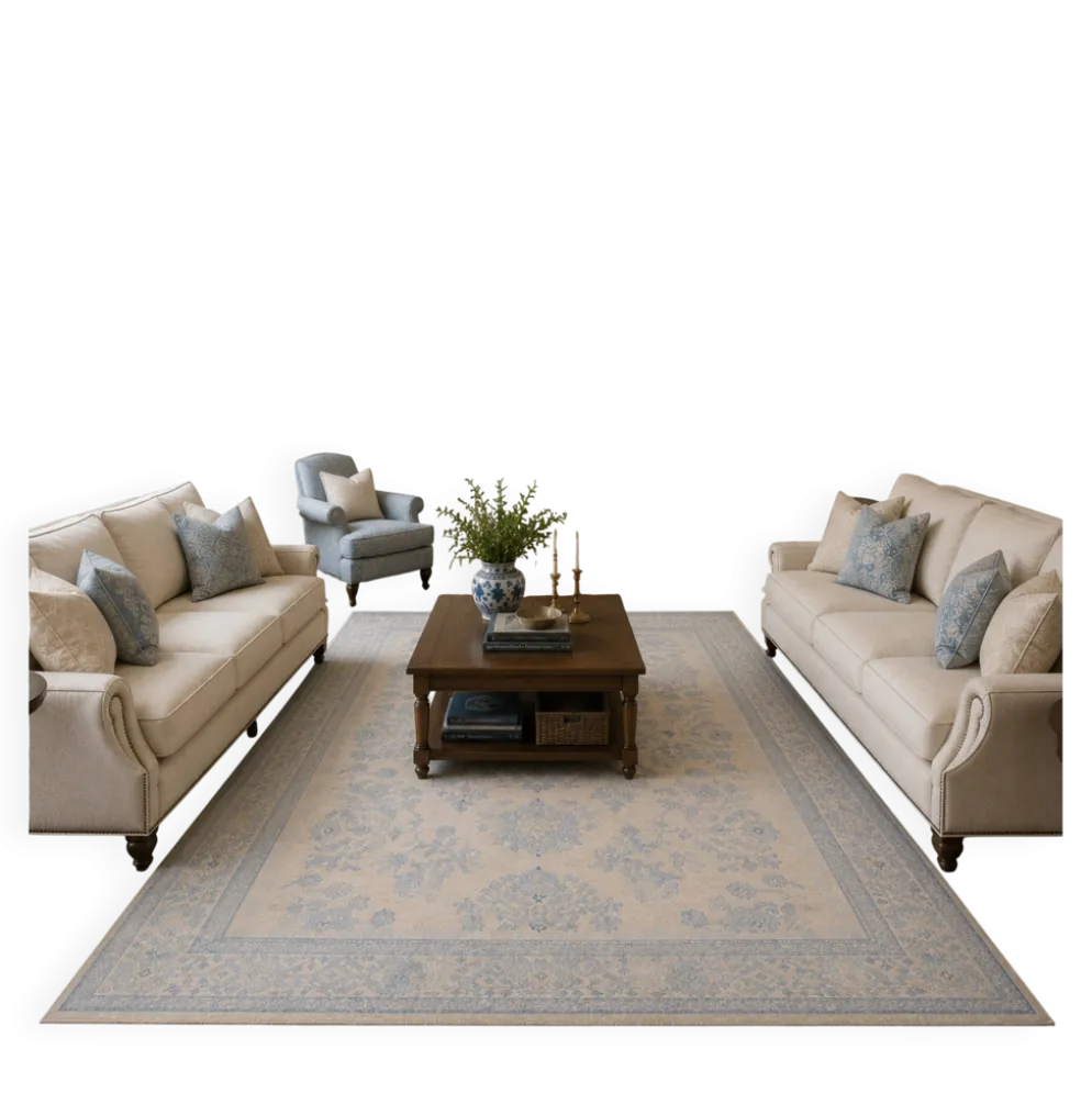 Tapis en laine noué à la main bleu clair, grand modèle floral crème, tapis Zeigler pour intérieur.