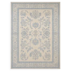 Tapis en laine noué à la main bleu clair, grand modèle floral crème, tapis Zeigler pour intérieur.