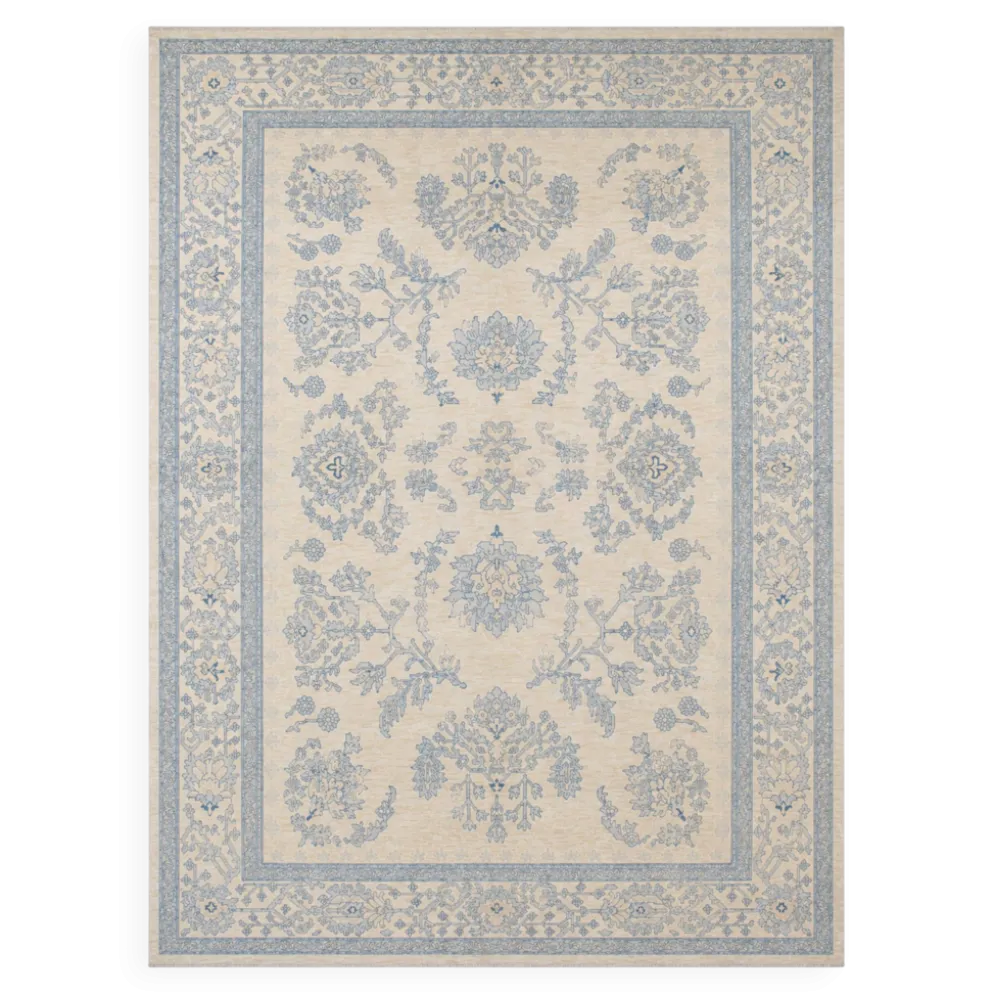 Tapis en laine noué à la main bleu clair, grand modèle floral crème, tapis Zeigler pour intérieur.