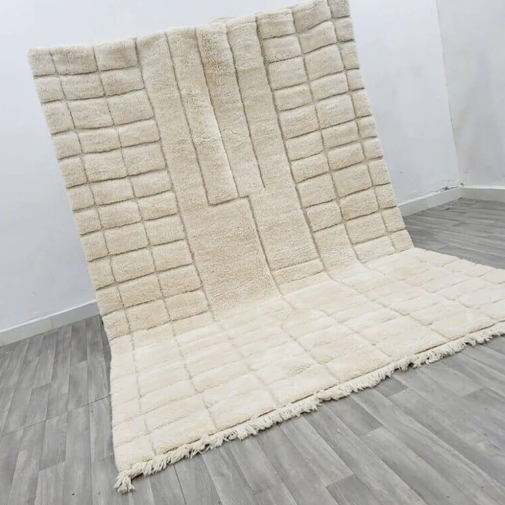 Tapis en laine pure fait main artisanale traditionnelle blanche 2/3 m