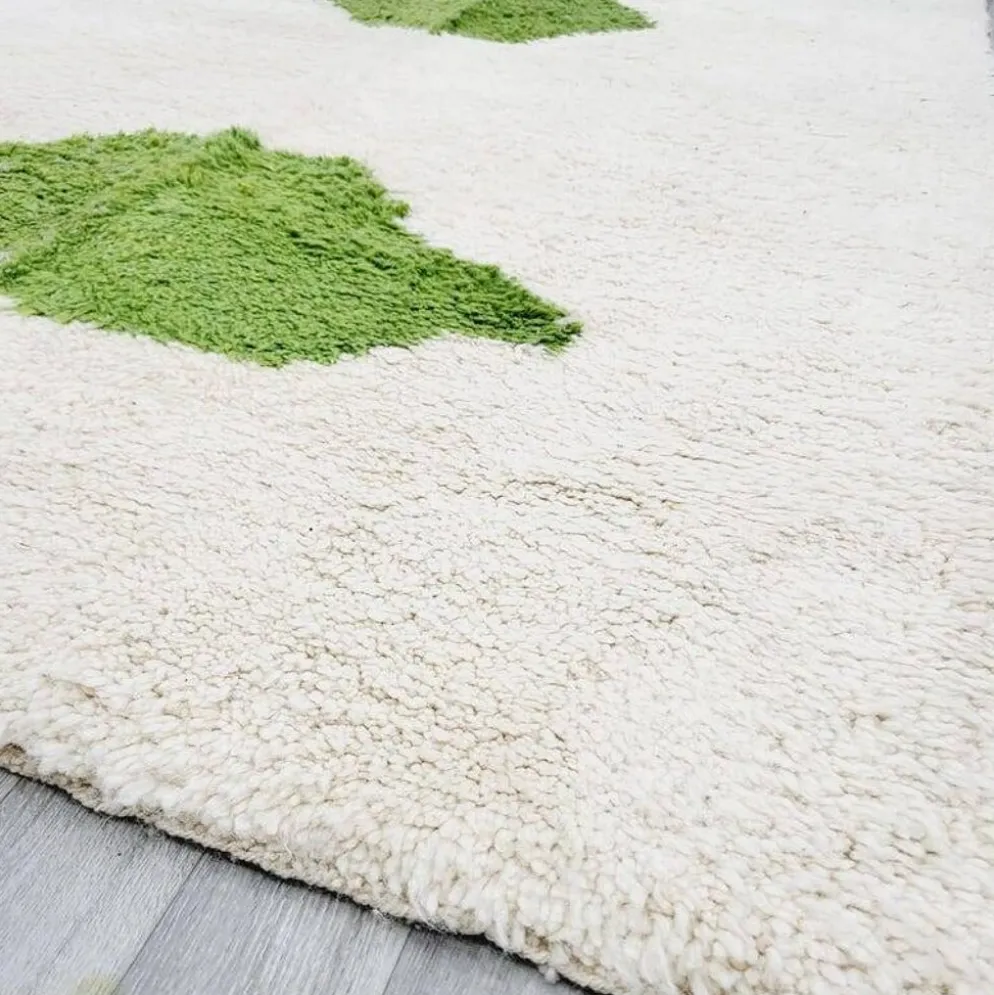 Tapis en laine pure fait main marocaine vert et blanc 1,5/2,5 m