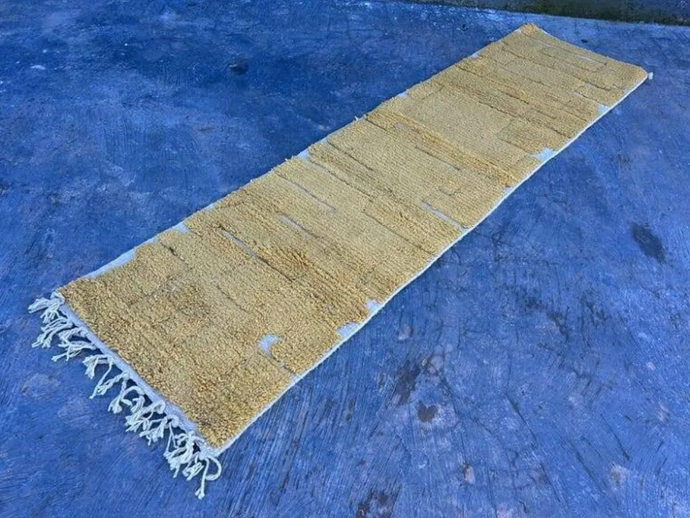 Tapis en laine pure fait main traditionnelle jaune moutarde taille 75/300cm