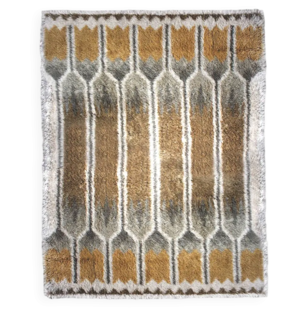 Tapis en laine Rya suédois aux couleurs jaune naturel et gris, 170x230cm