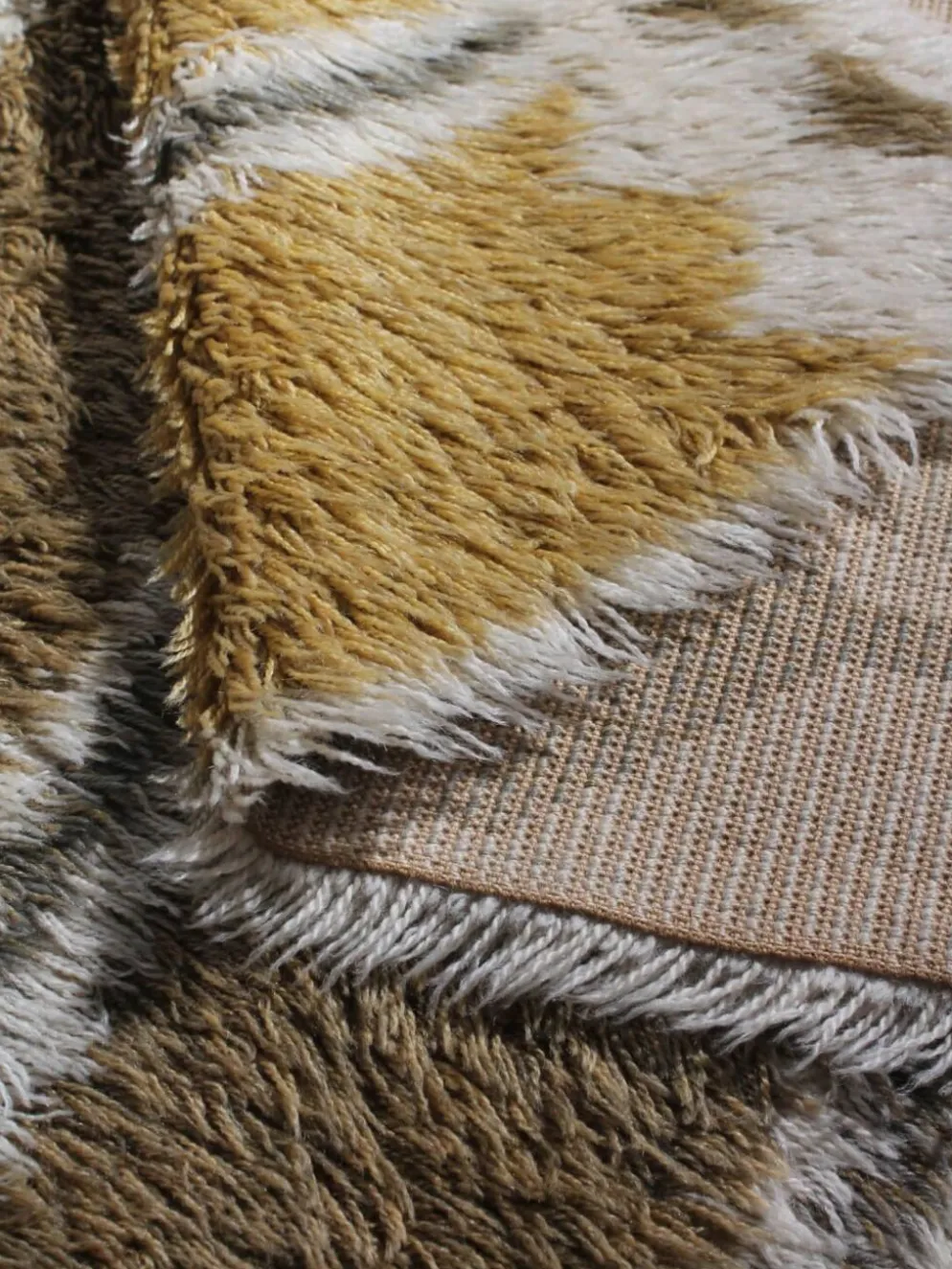 Tapis en laine Rya suédois aux couleurs jaune naturel et gris, 170x230cm