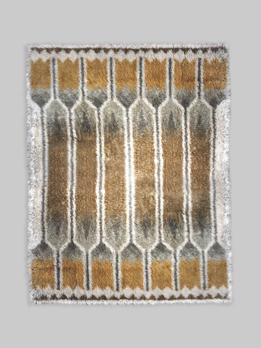 Tapis en laine Rya suédois aux couleurs jaune naturel et gris, 170x230cm