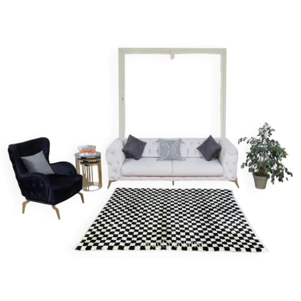 Tapis fait main à carreaux en beige et noir, 100 % laine douce et confortable, tapis Tulu à damier sur mesure pour intérieur moderne.