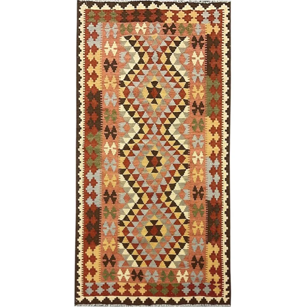 Tapis géométrique tribal en laine kilim multicolore traditionnel