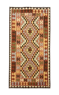 Tapis géométrique tribal en laine kilim multicolore traditionnel