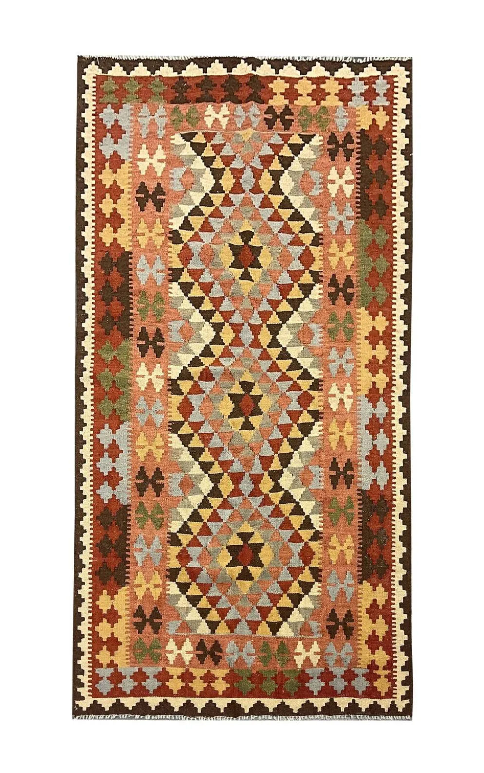 Tapis géométrique tribal en laine kilim multicolore traditionnel