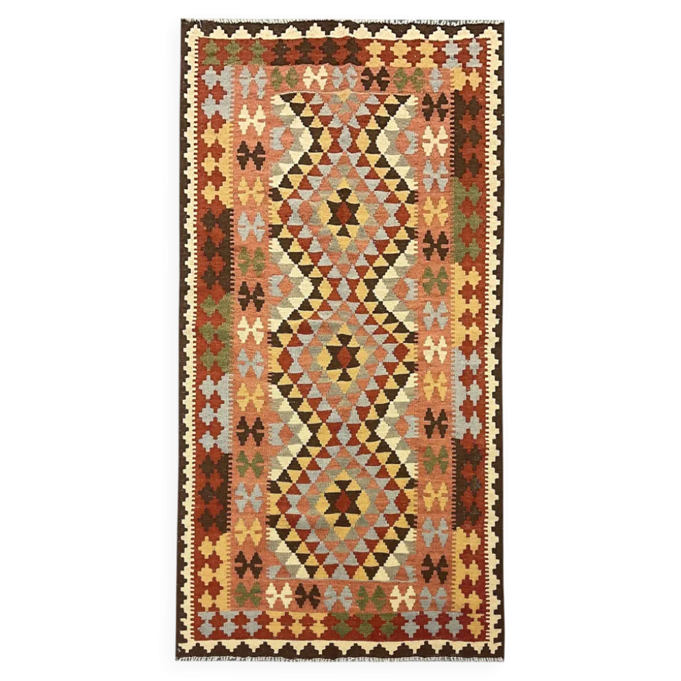 Tapis géométrique tribal en laine kilim multicolore traditionnel