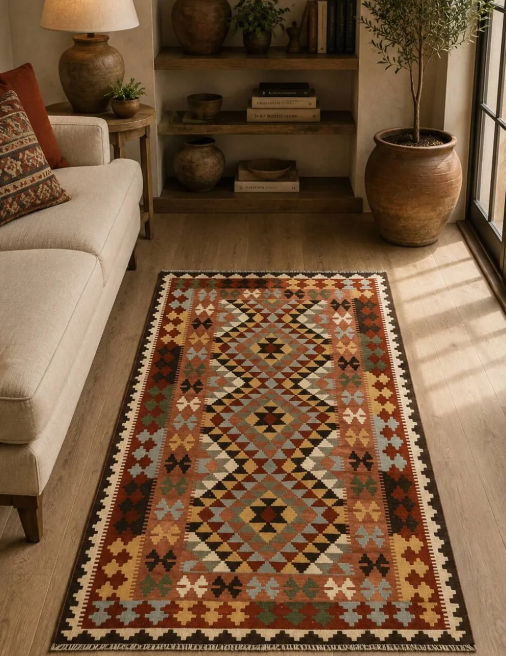 Tapis géométrique tribal en laine kilim multicolore traditionnel